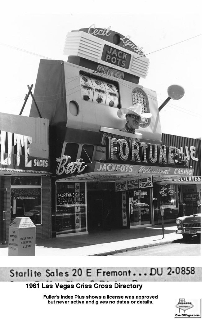 After Buckley's Jackpot Club at 20 E Fremont closed in 1960 the location was used for a short time by Starlite Sales.  