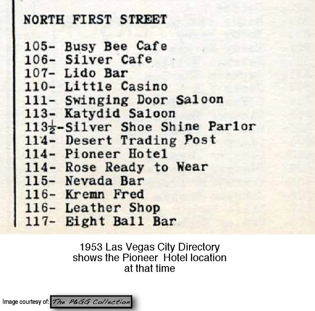 Pioneer Hotel 1953 Las Vegas City Directory